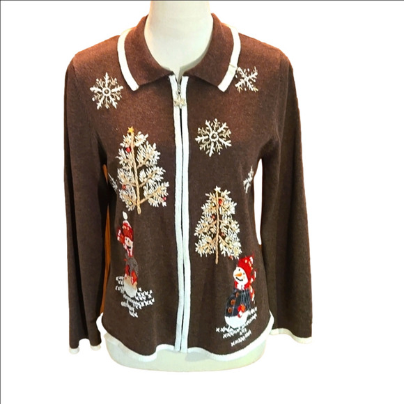 Sweater Mercer Street Studio Women Size L Brown Shell w/ Cream Trim Holiday - Picture 1 of 14